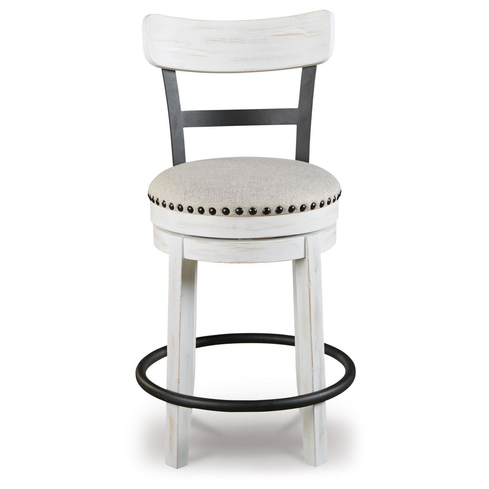 Zane 25 Inch Swivel Counter Height Stool, Round Cushioned Seat, White Wood - BM296616