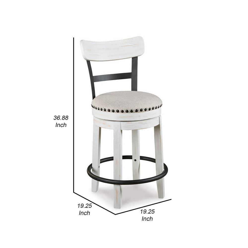 Zane 25 Inch Swivel Counter Height Stool, Round Cushioned Seat, White Wood - BM296616