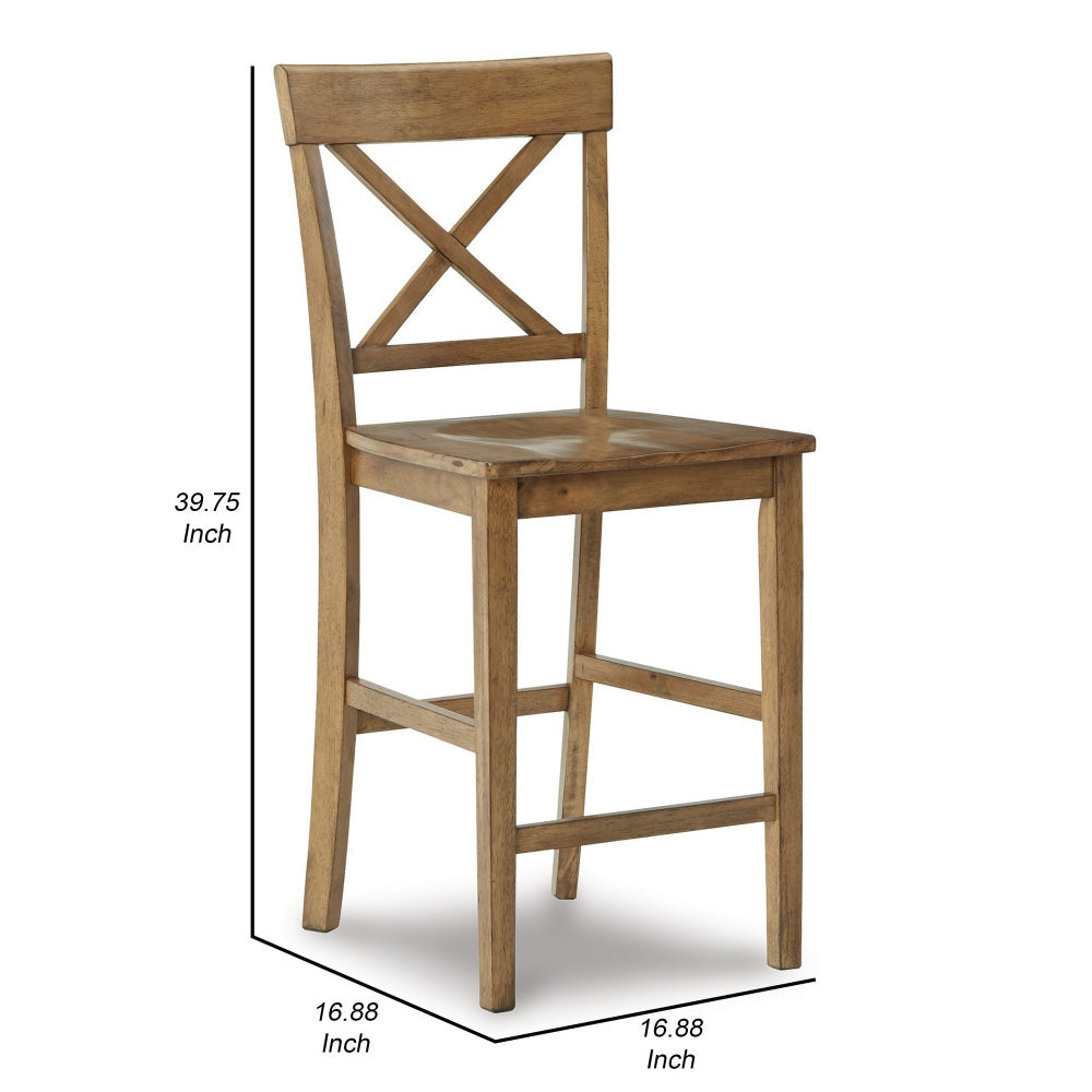 Shya 25 Inch Counter Stool, Set of 2, Crossed Back, Natural Brown Finish - BM296619