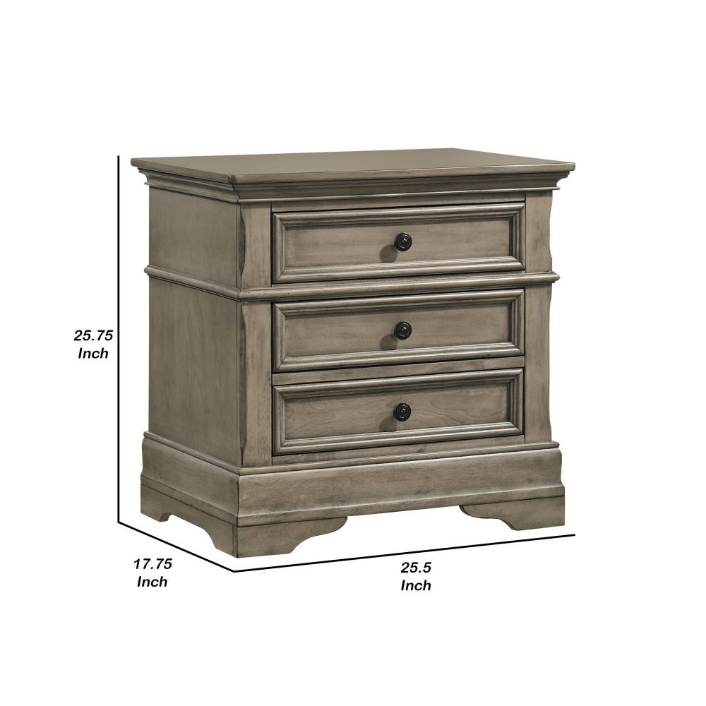 Ala 26 Inch 3 Drawer Nightstand, Felt Lined, Crown Molded, Wheat Brown Wood - BM296648