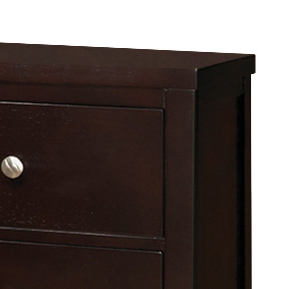 Con 26 Inch Modern 2 Drawer Nightstand, Silver Knobs, Cappuccino Brown - BM296652