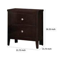 Con 26 Inch Modern 2 Drawer Nightstand, Silver Knobs, Cappuccino Brown - BM296652