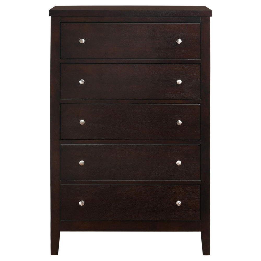 Con 48 Inch Tall 5 Drawer Dresser Chest, Silver Knobs, Cappuccino Brown - BM296654