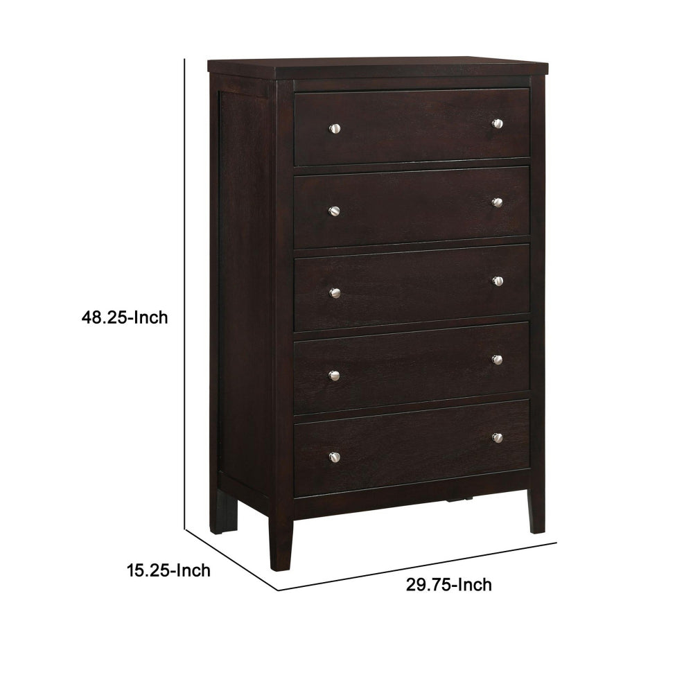 Con 48 Inch Tall 5 Drawer Dresser Chest, Silver Knobs, Cappuccino Brown - BM296654