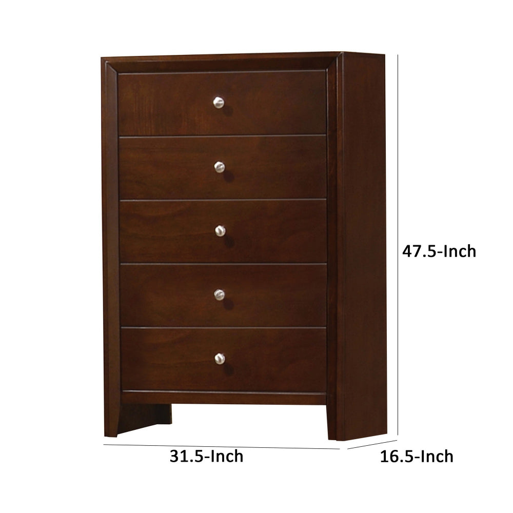 Edw 48 Inch Classic Tall 5 Drawer Dresser Chest, Silver Knobs, Merlot Brown - BM296657