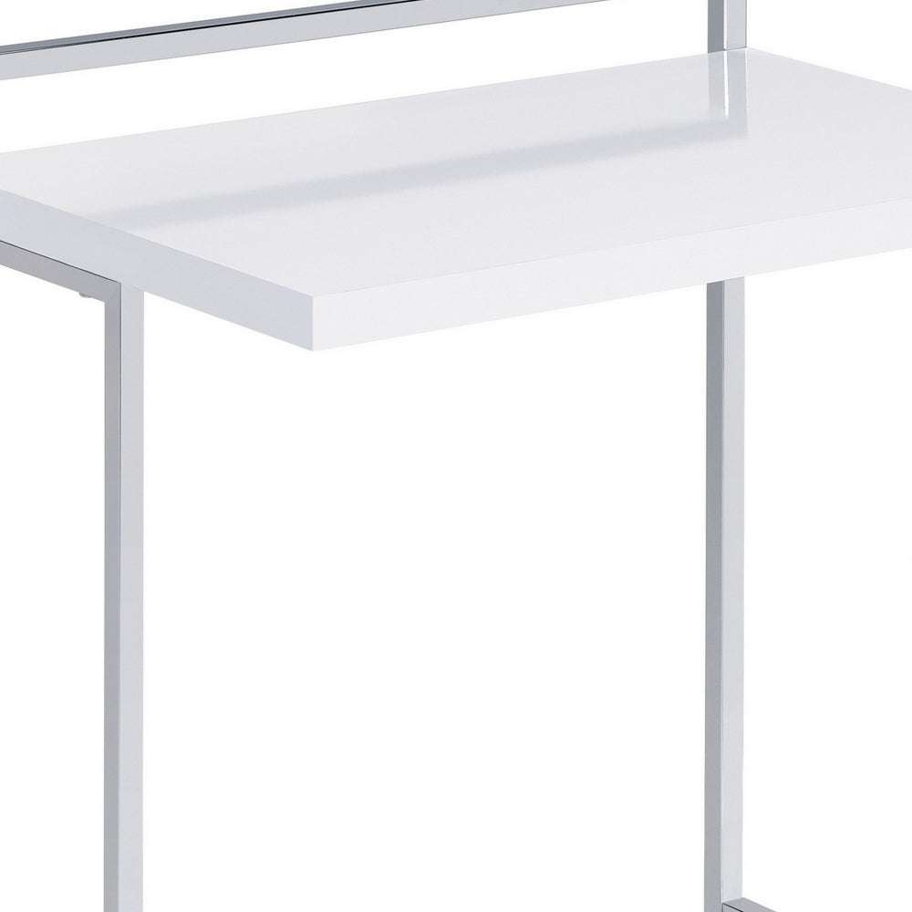 Dey 27 Inch Modern C Side Table, Gloss White Wood Top, Chrome Metal Base - BM296660