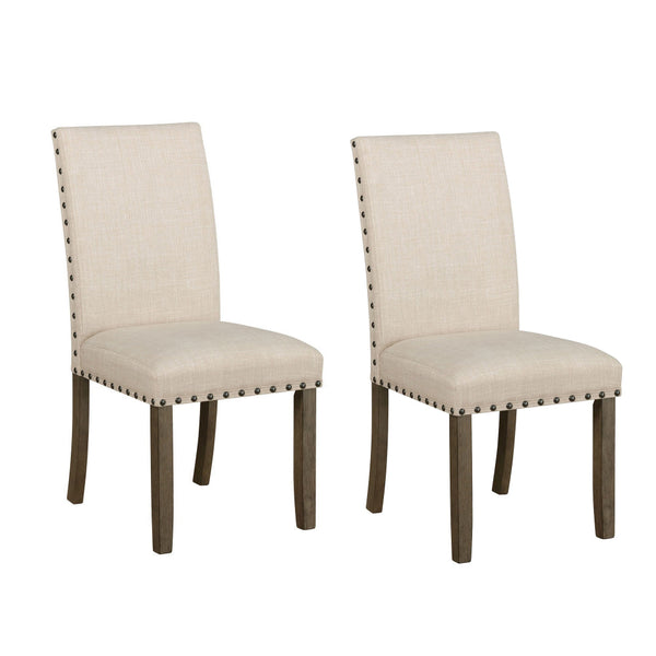 19 Inch Beige Fabric Dining Chair, Set of 2, Rustic Brown, Nailhead Trim - BM296720