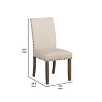 19 Inch Beige Fabric Dining Chair, Set of 2, Rustic Brown, Nailhead Trim - BM296720