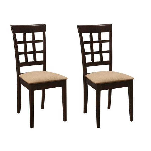 17 Inch Side Dining Chair, Set of 2, Lattice Back Brown Wood, Tan Fabric - BM296729