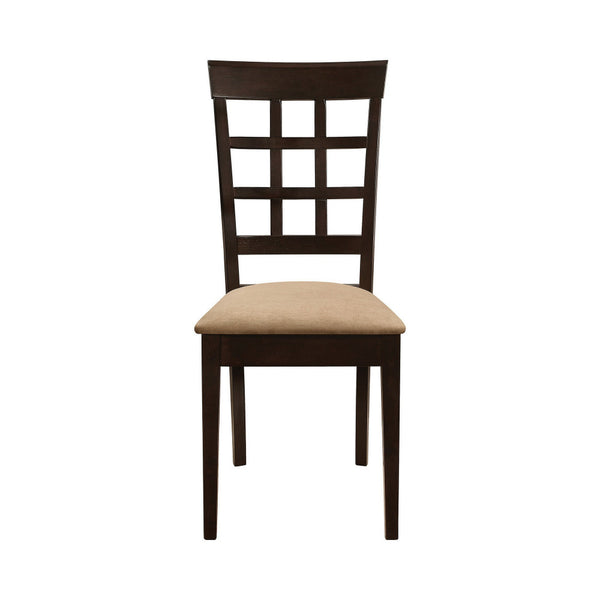 17 Inch Side Dining Chair, Set of 2, Lattice Back Brown Wood, Tan Fabric - BM296729