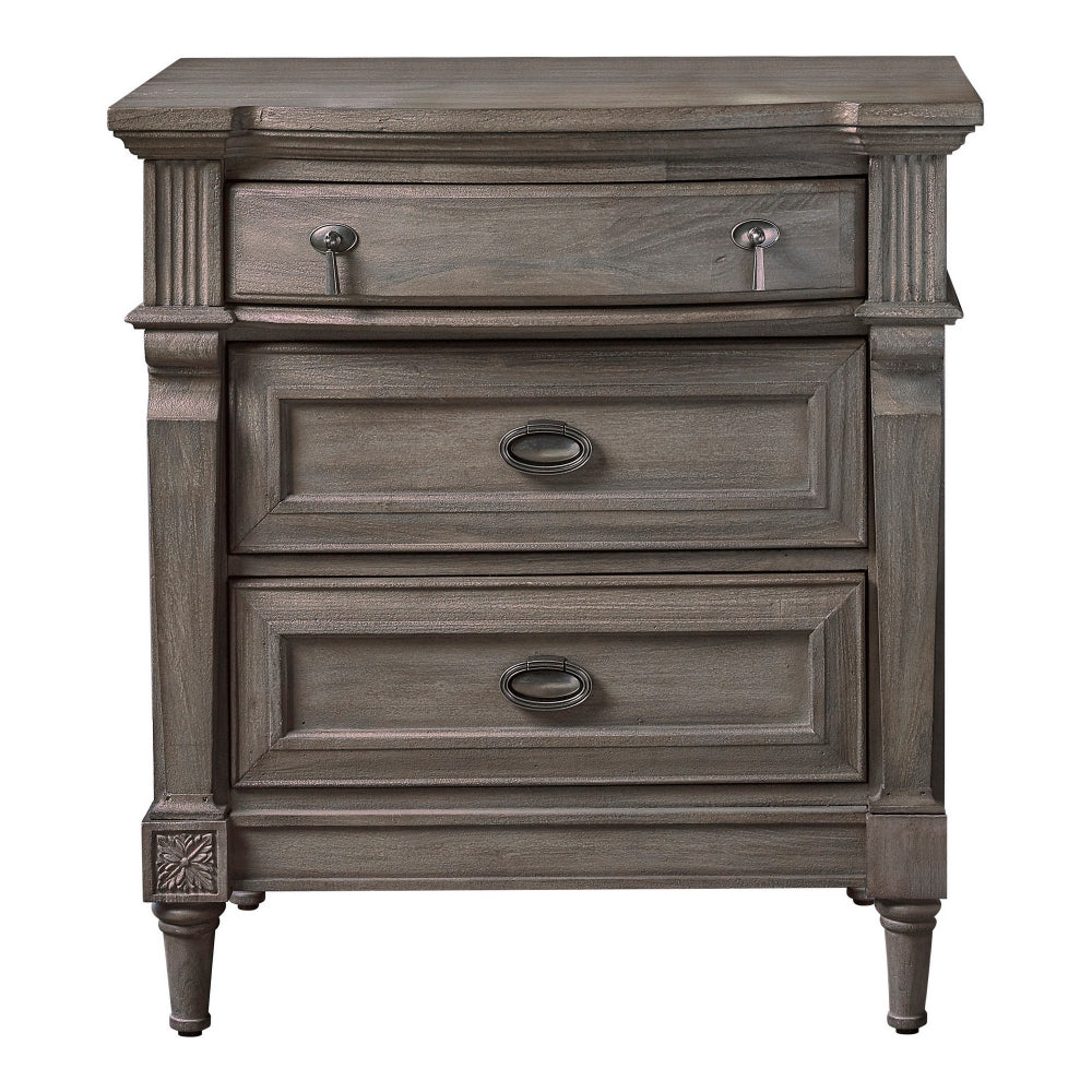 Ani 31 Inch 3 Drawer Nightstand, 2 USB Ports, Sand Blasted French Gray Wood - BM296731