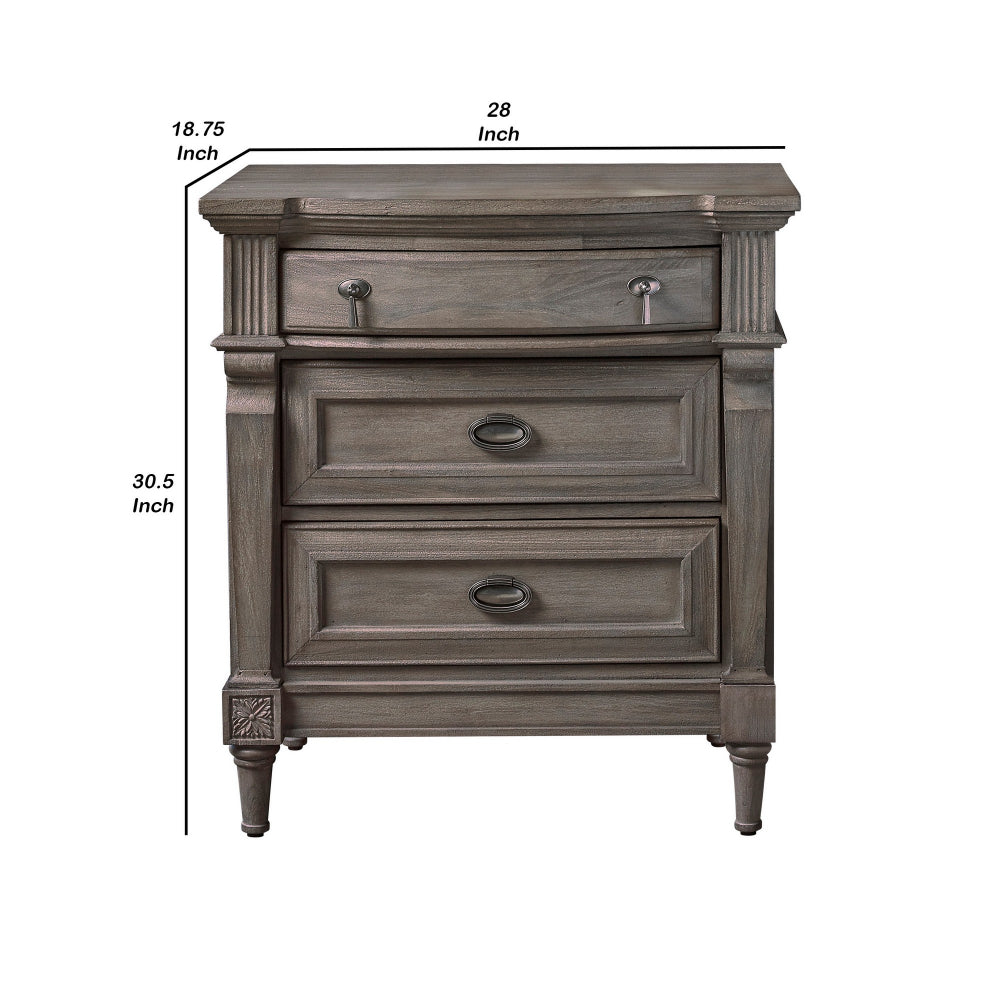 Ani 31 Inch 3 Drawer Nightstand, 2 USB Ports, Sand Blasted French Gray Wood - BM296731