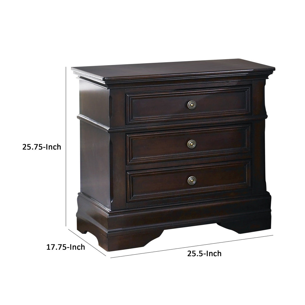 Bee 26 Inch 3 Drawer Nightstand, Felt Lined Top Drawer, Cappuccino Brown - BM296733