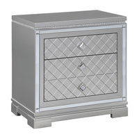 Axl 29 Inch 2 Drawer Nightstand, USB Ports, Embossed, Mirror Trim, Silver - BM296735