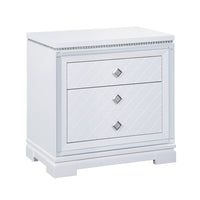 Axl 29 Inch 2 Drawer Nightstand, USB Ports, Embossed, Mirror Trim, White - BM296736