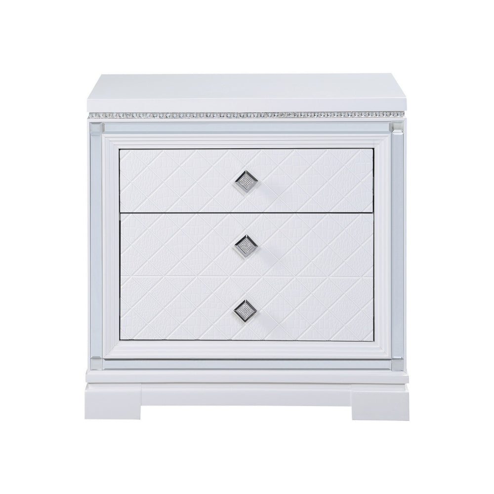 Axl 29 Inch 2 Drawer Nightstand, USB Ports, Embossed, Mirror Trim, White - BM296736