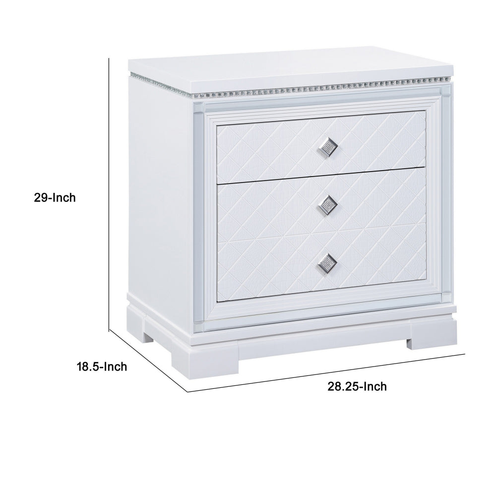 Axl 29 Inch 2 Drawer Nightstand, USB Ports, Embossed, Mirror Trim, White - BM296736