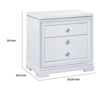 Axl 29 Inch 2 Drawer Nightstand, USB Ports, Embossed, Mirror Trim, White - BM296736