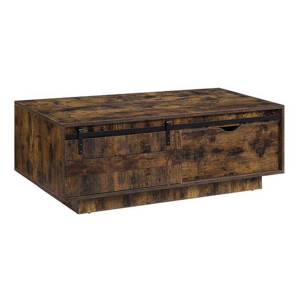 Rick 47 Inch Rustic Oak Coffee Table, Sliding Barn Door, Single Drawer - BM296807