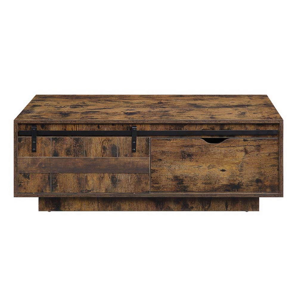 Rick 47 Inch Rustic Oak Coffee Table, Sliding Barn Door, Single Drawer - BM296807