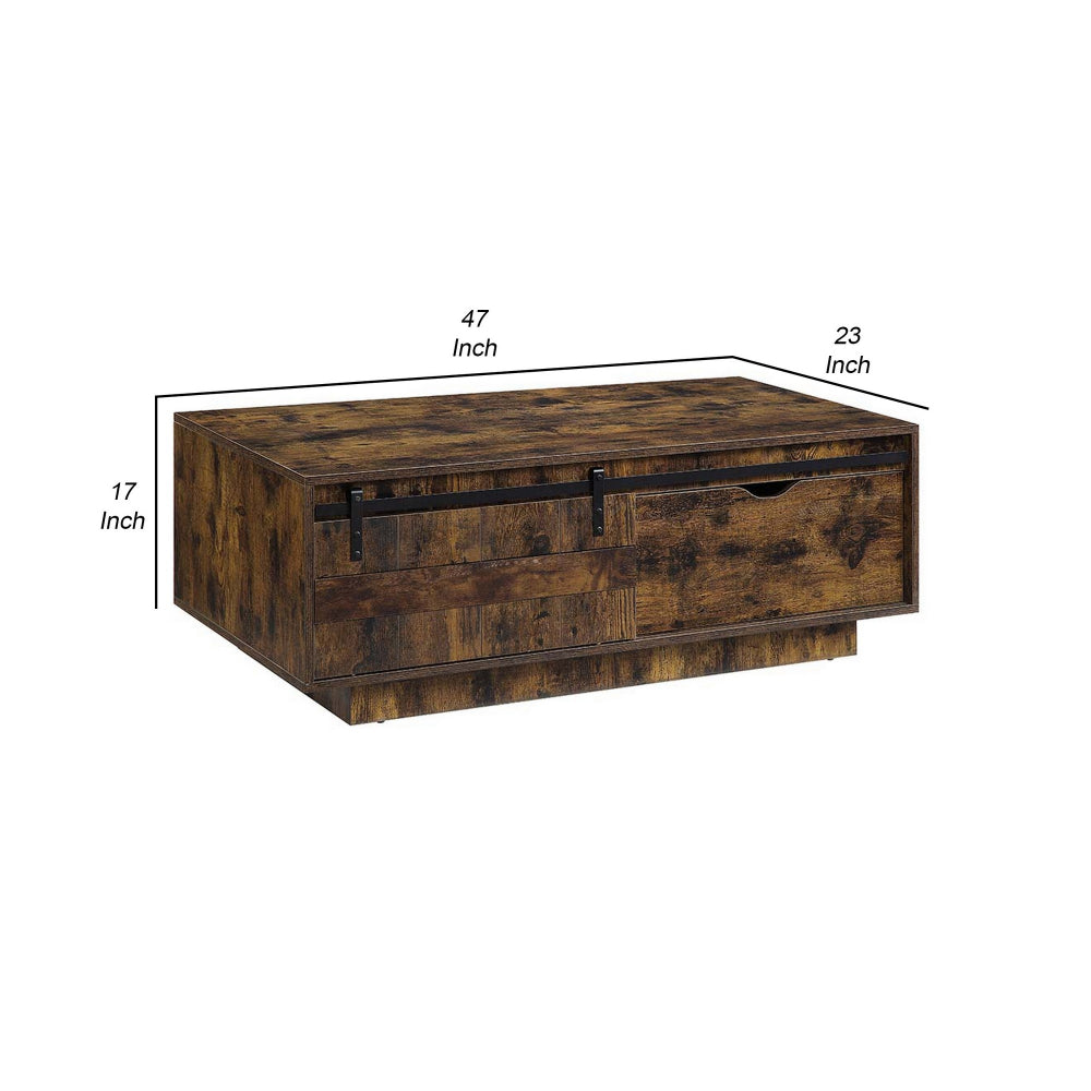 Rick 47 Inch Rustic Oak Coffee Table, Sliding Barn Door, Single Drawer - BM296807