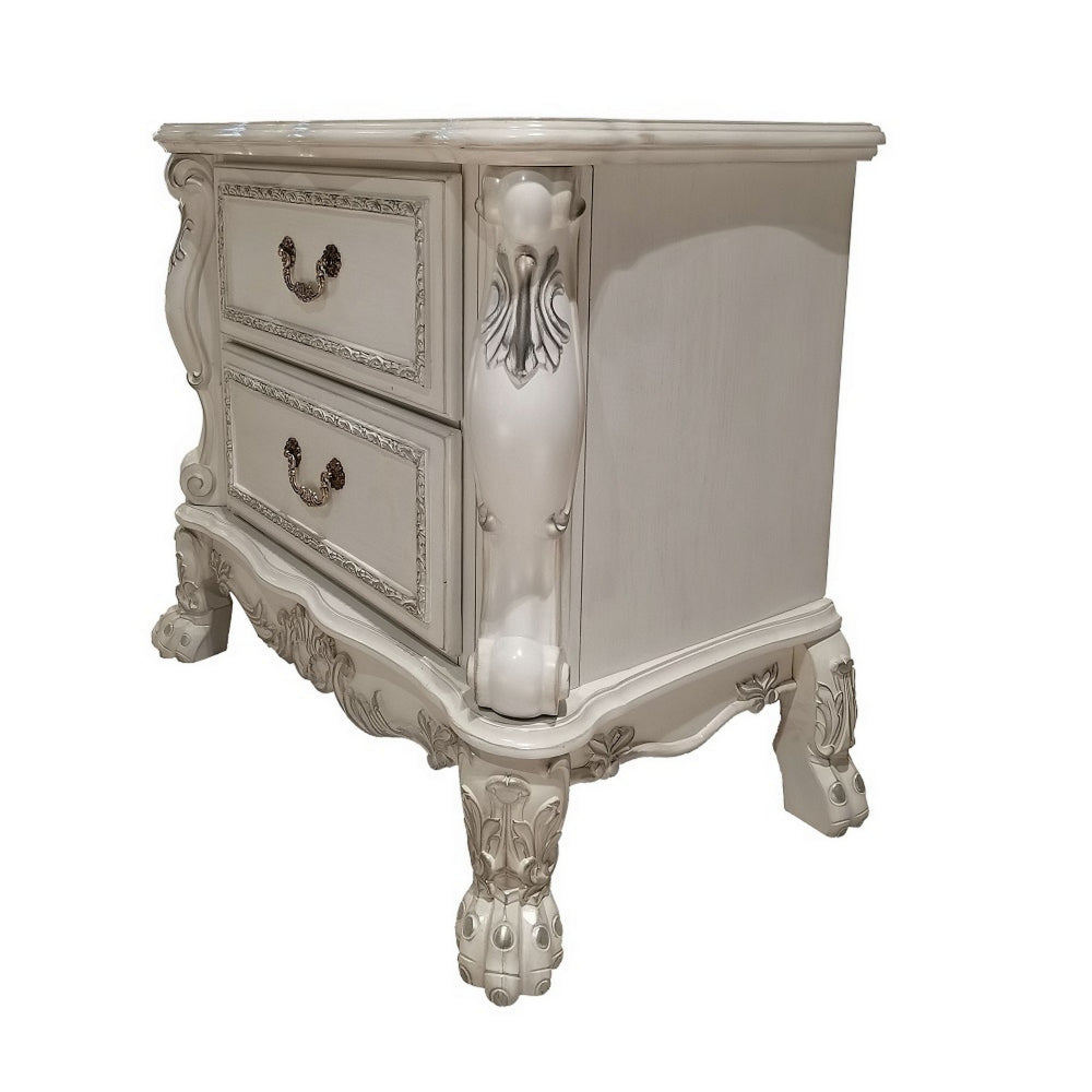 Aurora 32 Inch Classic Wood Nightstand, 2 Drawers, Subtle Carvings, White - BM296829