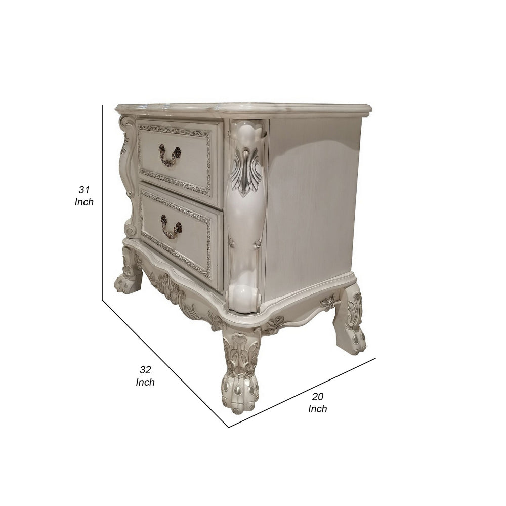 Aurora 32 Inch Classic Wood Nightstand, 2 Drawers, Subtle Carvings, White - BM296829