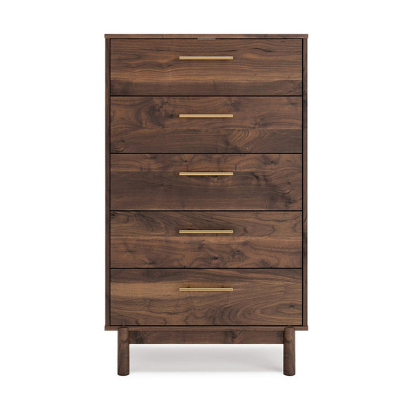 Kip 50 Inch 5 Drawer Modern Tall Dresser Chest, Dark Brown, Gold Handles - BM296901