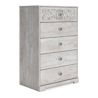 46 Inch 5 Drawer Modern Tall Dresser Chest, Whitewashed Carved Design Wood - BM296907