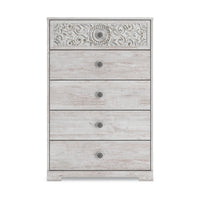 46 Inch 5 Drawer Modern Tall Dresser Chest, Whitewashed Carved Design Wood - BM296907