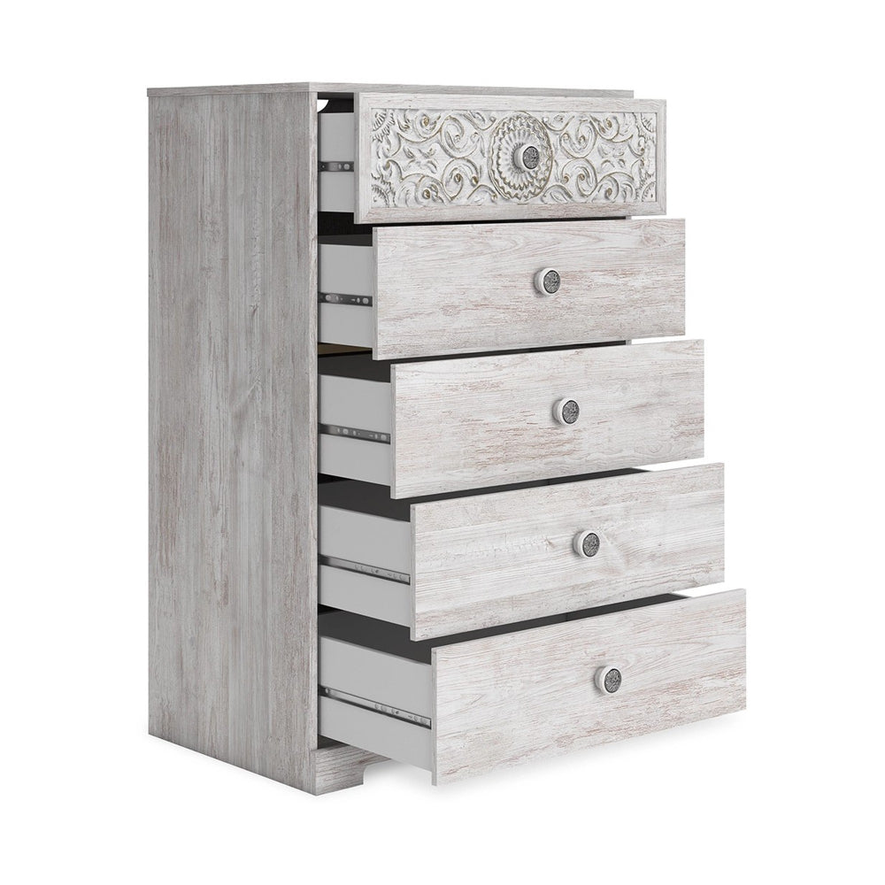 46 Inch 5 Drawer Modern Tall Dresser Chest, Whitewashed Carved Design Wood - BM296907