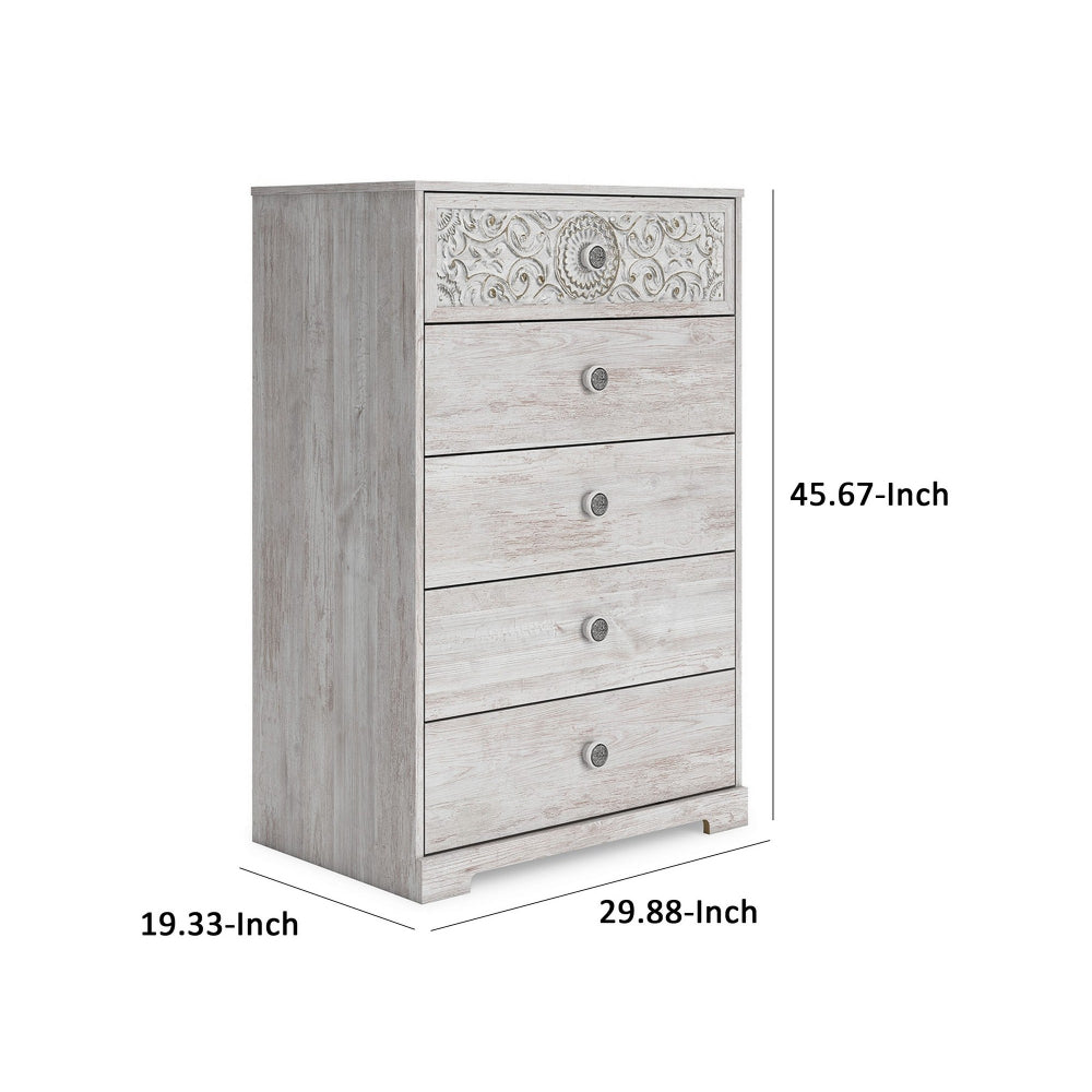 46 Inch 5 Drawer Modern Tall Dresser Chest, Whitewashed Carved Design Wood - BM296907