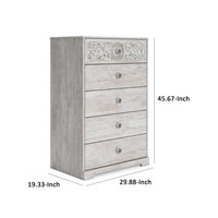 46 Inch 5 Drawer Modern Tall Dresser Chest, Whitewashed Carved Design Wood - BM296907