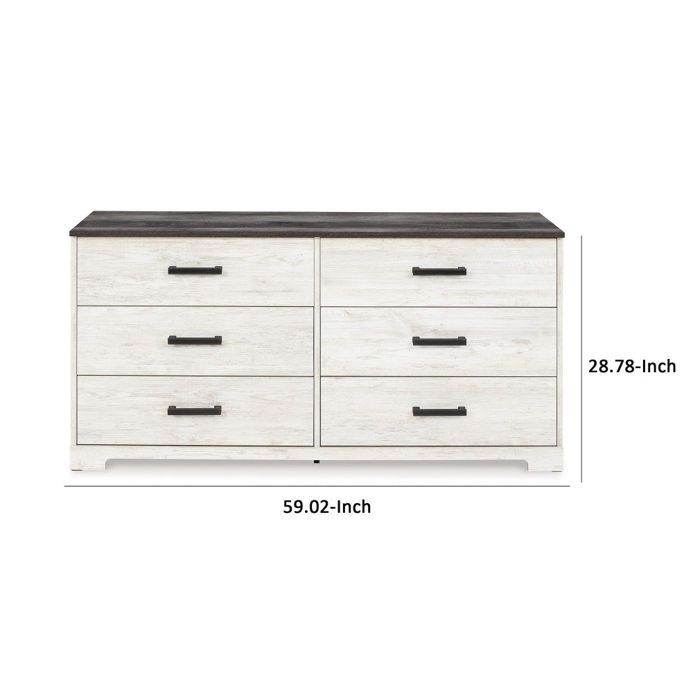 Wisp 59 Inch Wood Dresser, 6 Gliding Drawers, Rustic Crisp White Finish - BM296921