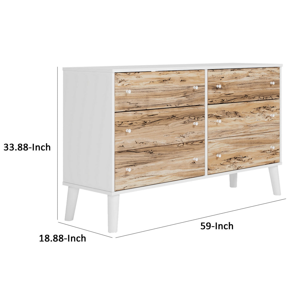 Asher 59 Inch Contemporary Dresser, 6 Drawers, White and Natural Brown - BM296944