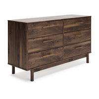 Kip 59 Inch Modern Dresser, Brown Wood Frame, 6 Drawers, Gold Metal Handles - BM296946