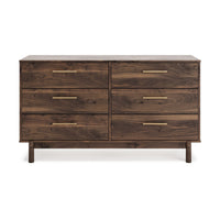 Kip 59 Inch Modern Dresser, Brown Wood Frame, 6 Drawers, Gold Metal Handles - BM296946