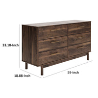 Kip 59 Inch Modern Dresser, Brown Wood Frame, 6 Drawers, Gold Metal Handles - BM296946