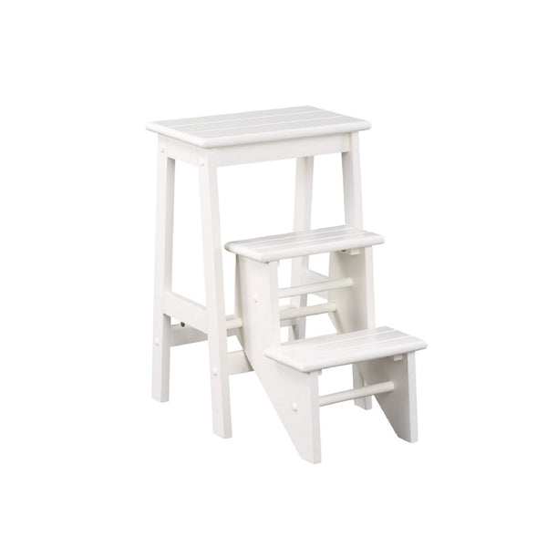 24 Inch 3 Level Step Stool, Plank Tops and Safety Latch, Classic White Wood - BM299370