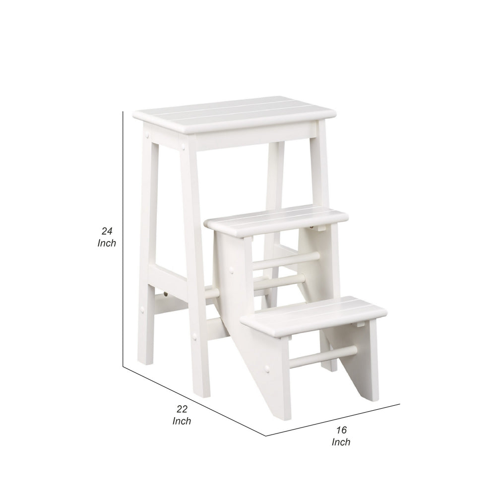 24 Inch 3 Level Step Stool, Plank Tops and Safety Latch, Classic White Wood - BM299370