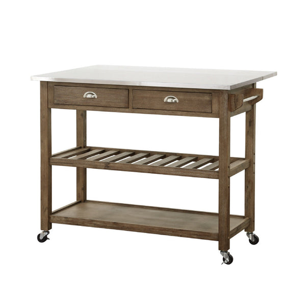 Amber 44 Inch Rolling Kitchen Island Bar Cart, Stainless Steel Top, Brown - BM299374