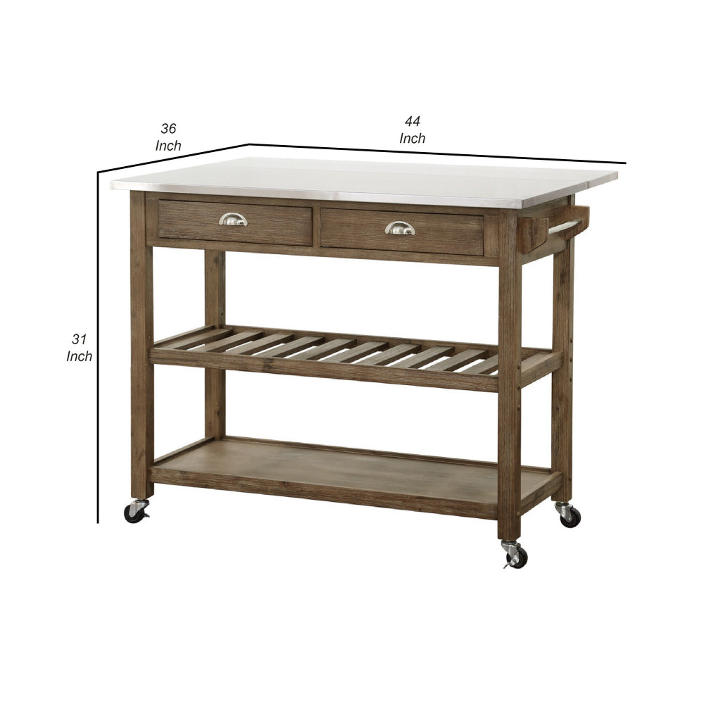 Amber 44 Inch Rolling Kitchen Island Bar Cart, Stainless Steel Top, Brown - BM299374
