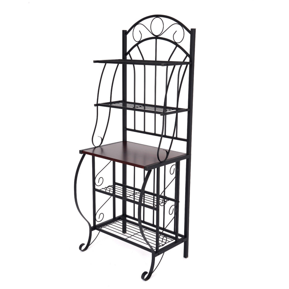 65 Inch 5 Tier Bakers Rack, Middle Wood Shelf, Carved Black Metal Frame - BM299383