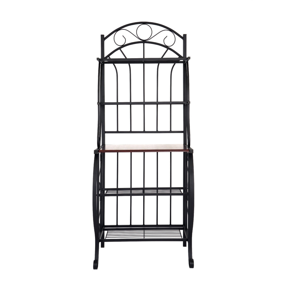 65 Inch 5 Tier Bakers Rack, Middle Wood Shelf, Carved Black Metal Frame - BM299383