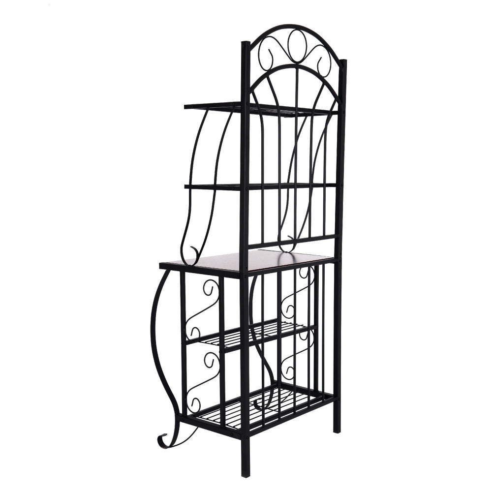 65 Inch 5 Tier Bakers Rack, Middle Wood Shelf, Carved Black Metal Frame - BM299383