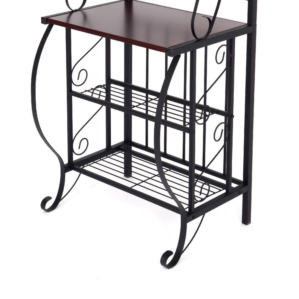 65 Inch 5 Tier Bakers Rack, Middle Wood Shelf, Carved Black Metal Frame - BM299383