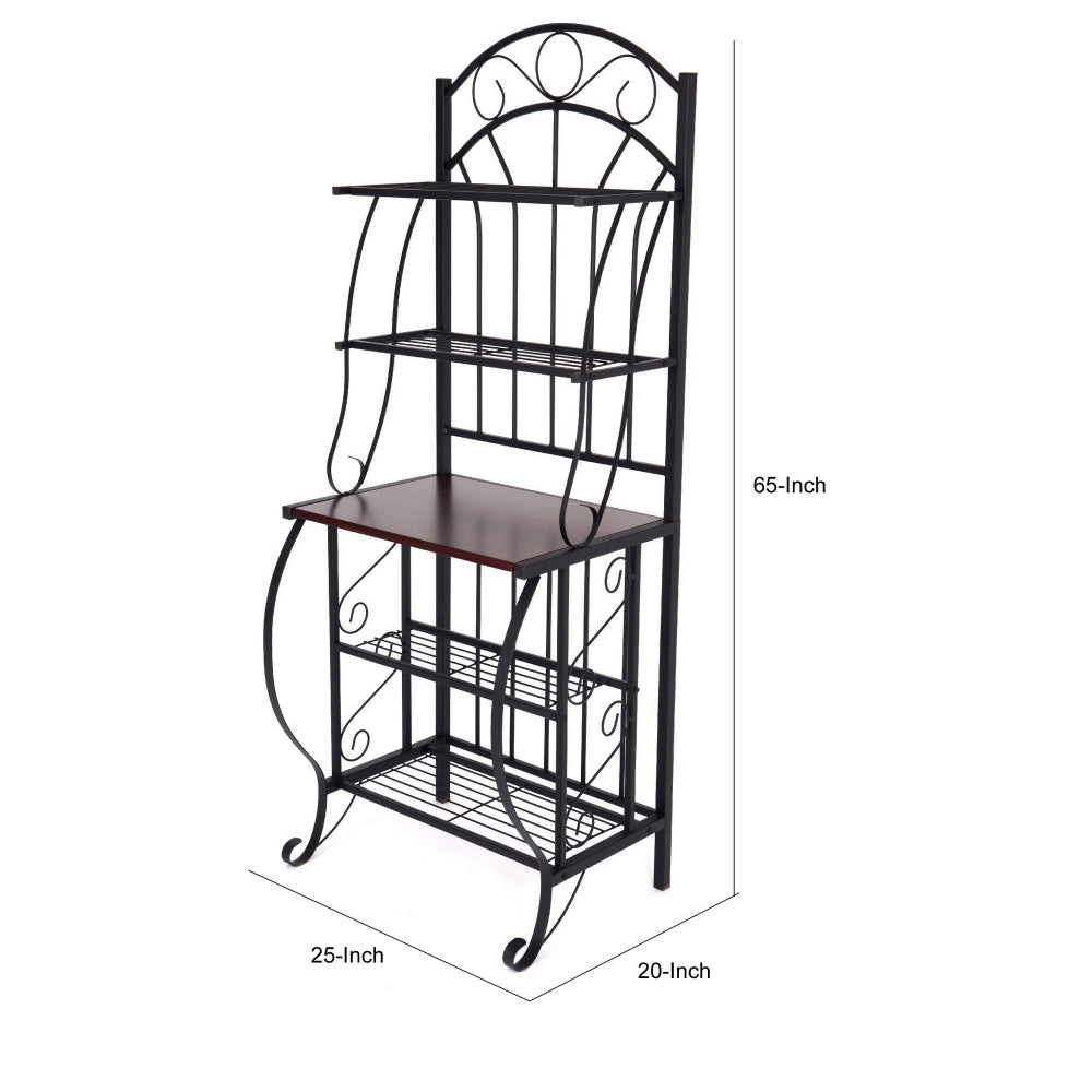 65 Inch 5 Tier Bakers Rack, Middle Wood Shelf, Carved Black Metal Frame - BM299383