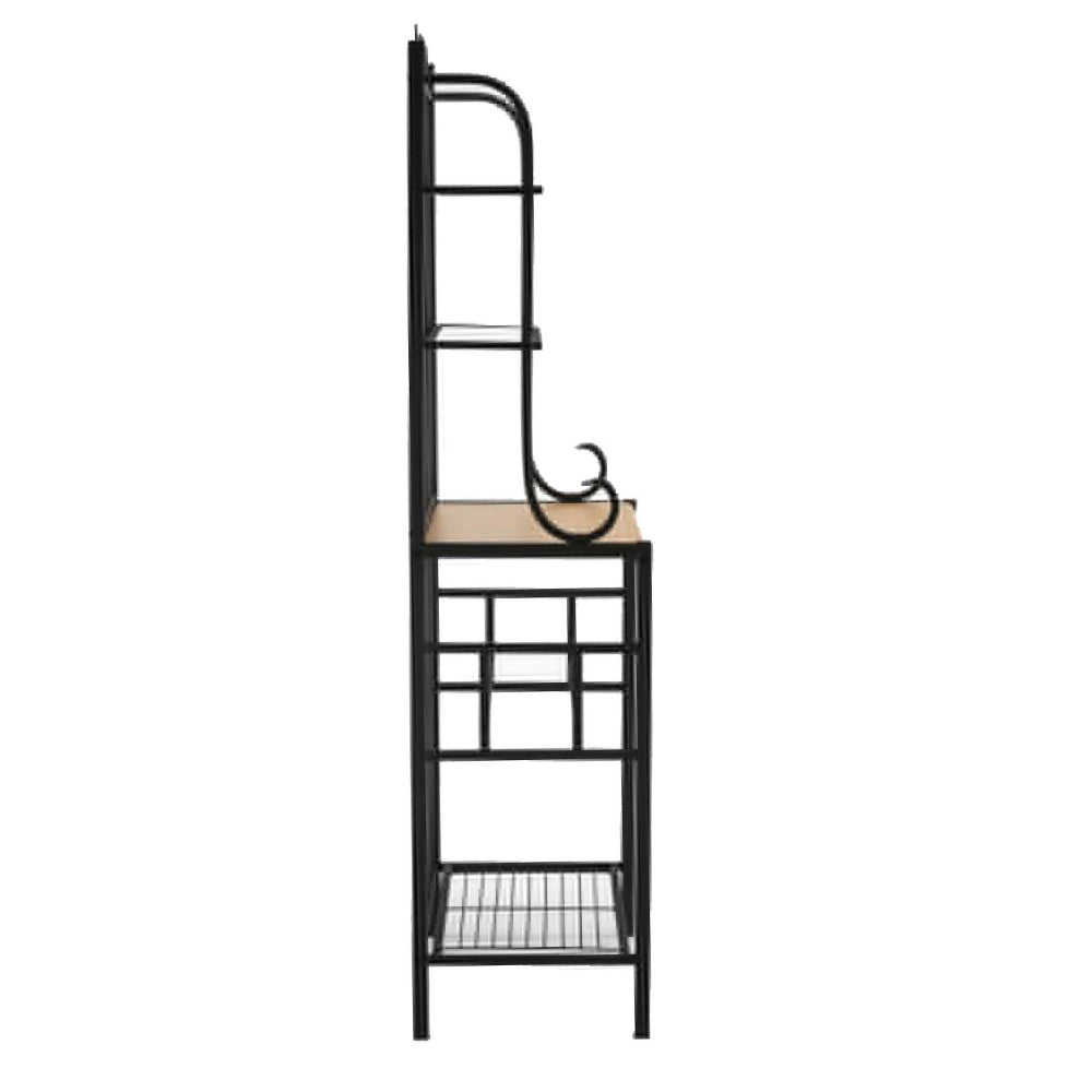 68 Inch Bakers Rack with 4 Shelves, 5 Bottle Holders, Carved Black Metal - BM299384