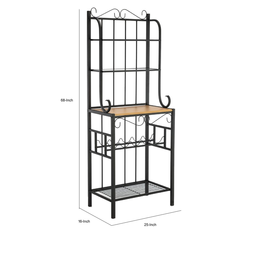 68 Inch Bakers Rack with 4 Shelves, 5 Bottle Holders, Carved Black Metal - BM299384