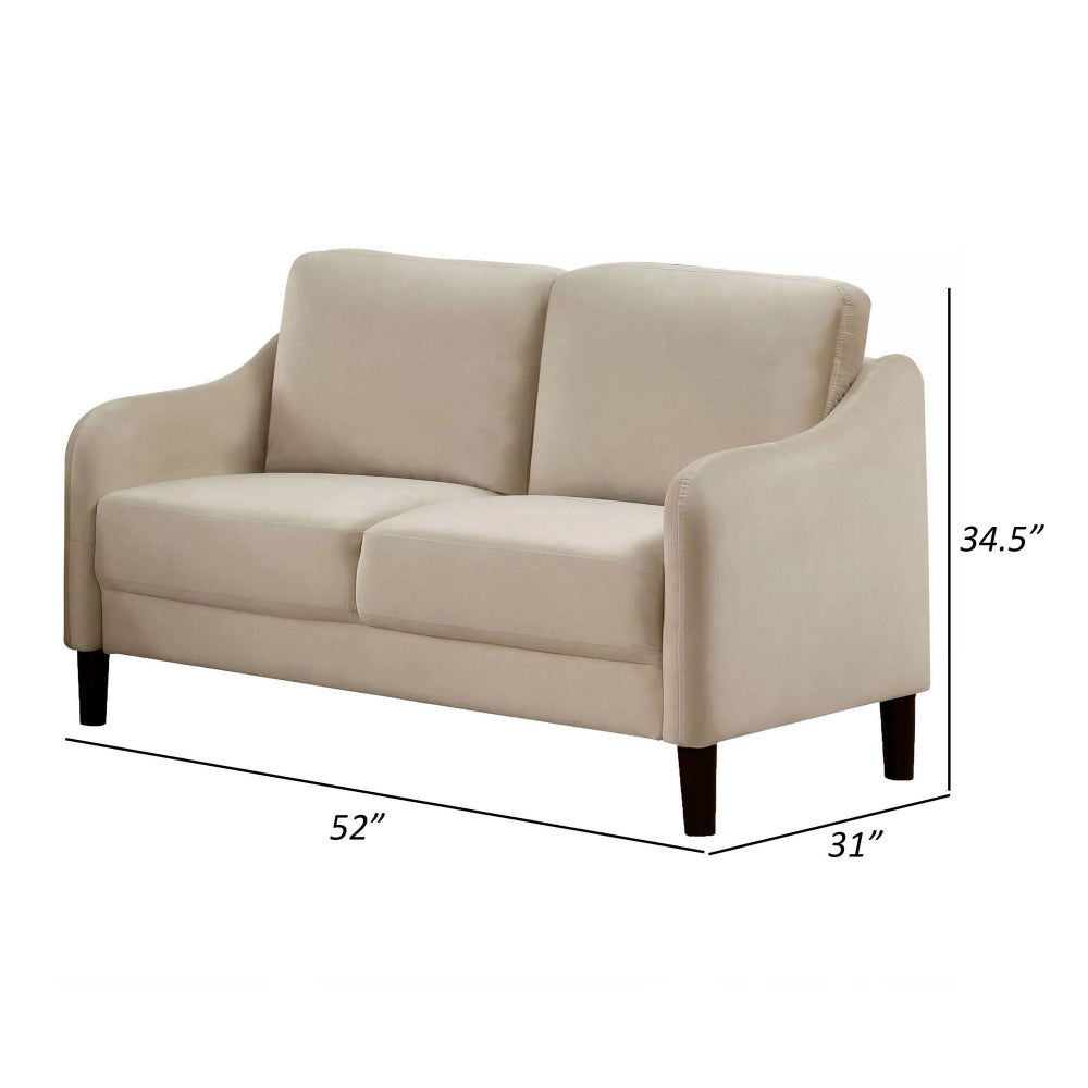 Foz 52 Inch Loveseat, Sloped Arms, Round Tapered Legs, Beige Flannelette - BM299609